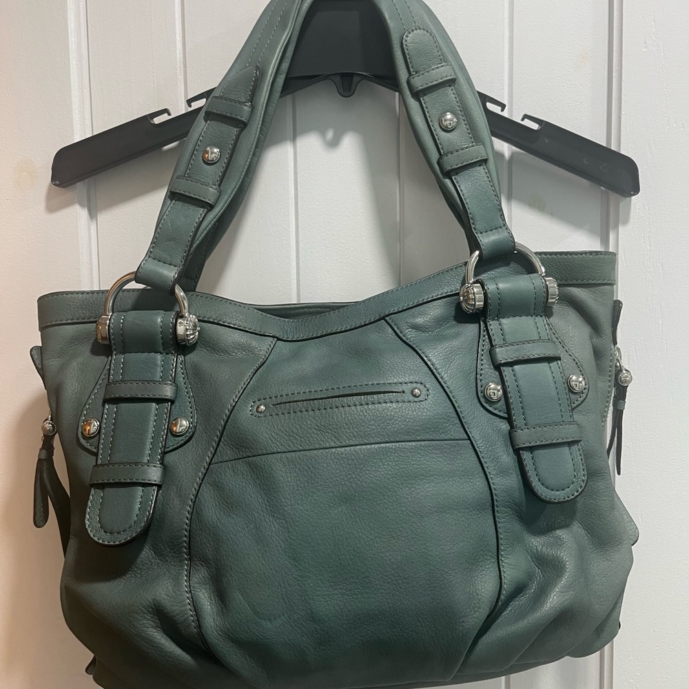 B. Makowsky Green Leather Shoulder Bag with Double Handles